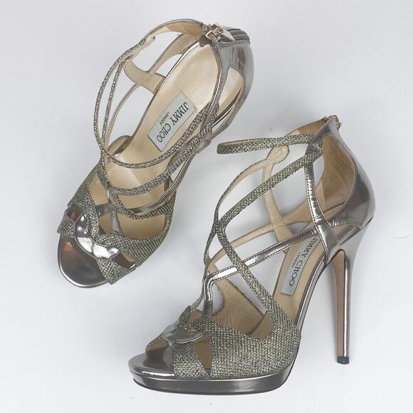 Jimmy Choo Metallic Sparkle & Leather Vermeil Caged Strappy Heel Sandals - Picture 7 of 10
